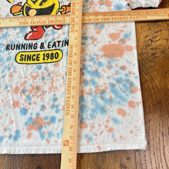 Pac-Man Running & Eating Logo Crew Neck Shirt Men XL White Tie Dyed Retro Gaming - Picture 7 of 8